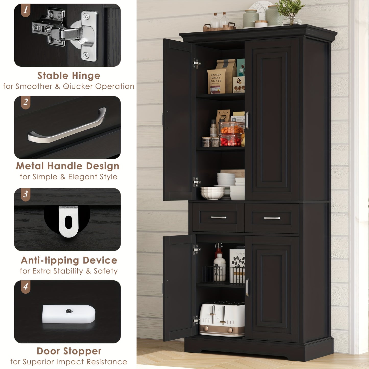 Opbergkast – Kast Met Lades – Keukenkast – Vitrinekast – Wandkast – Mat Zwart – Duurzaam Hout – Compact Design