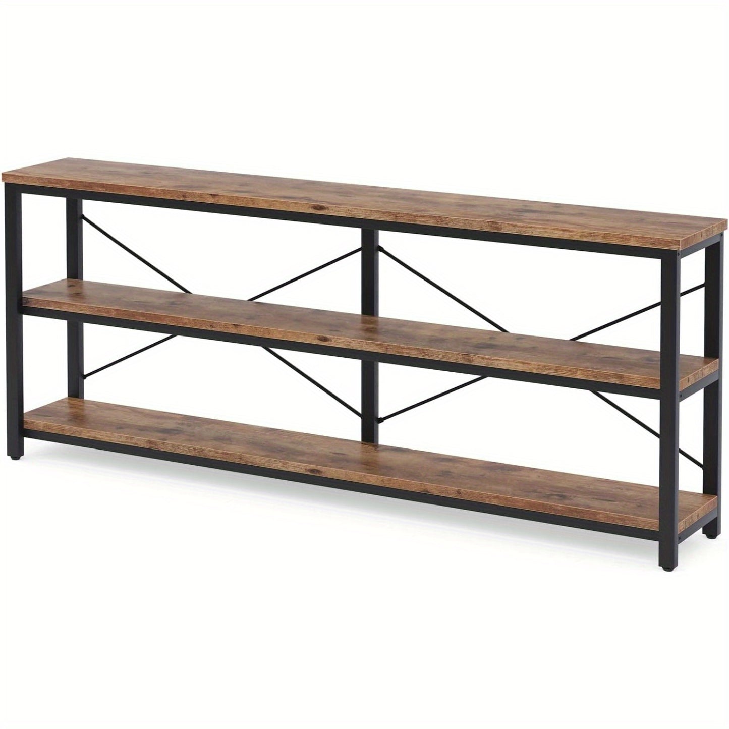 Sofa Tafel – Sidetable – Console Tafel – Opbergtafel – Haltafel – Rustiek Bruin – Extra Lang 180 cm – Metalen X-Frame – 3 Laags Opbergruimte – Verstelbare Voetjes