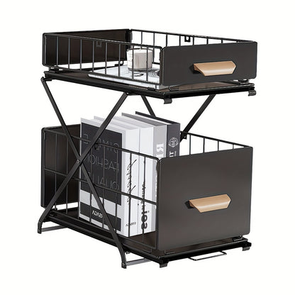 Space-Saving Foldable Desk Organizer - Dual Pull-Out Shelves & Anti-Scratch Black Finish | 26x40cm Slim Fit For Monitors/Laptops (Compact Office Essential)