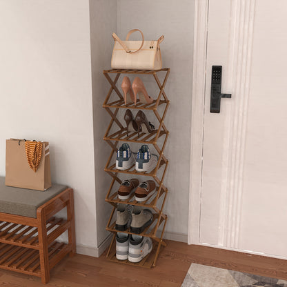 Schoenenrek – Schoenenkast – Schoenenopberger – Hal Organizer – Schoenenbank – 7 Lagen – Smal Verticaal Design – Bamboe & Kunststof – Vrijstaand Zonder Montage – 25x25x125 cm