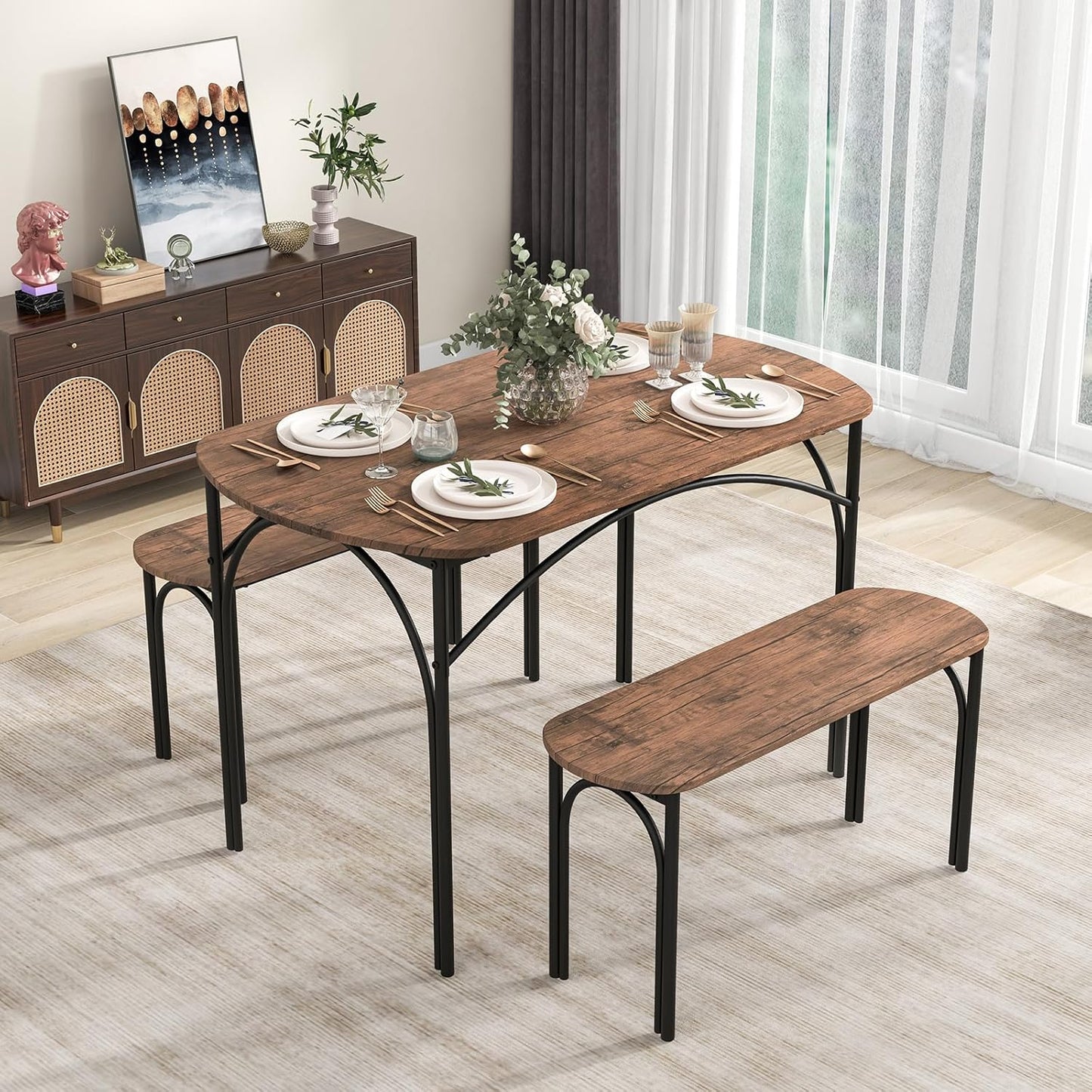 Eettafelset – Eethoek – Keukentafel – Tafel Met Banken – Industriële Tafelset – Vintage Bruin – Metalen Frame – Ruime Zitplaats Voor 4 Personen