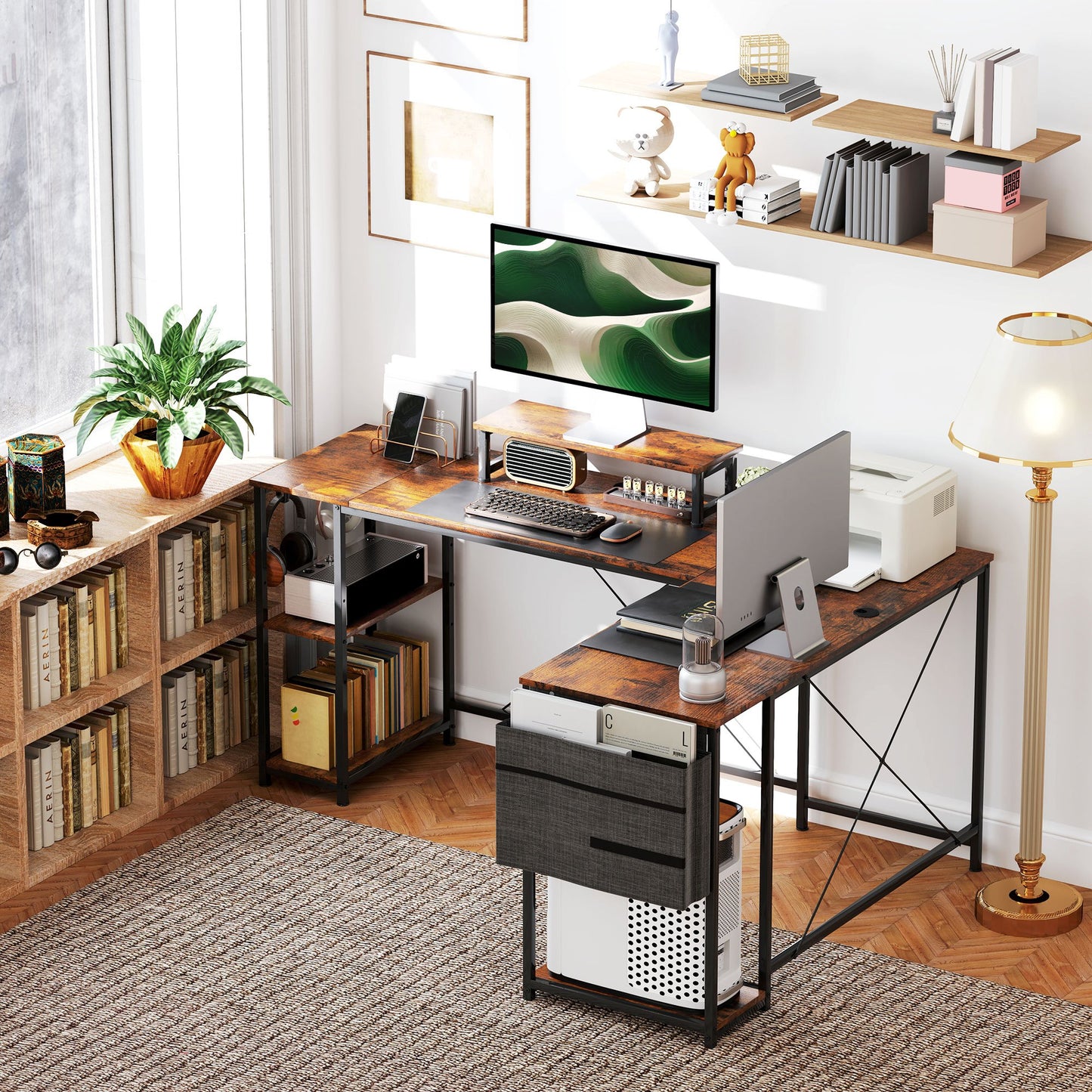 L-vormig Bureau – Hoekbureau – Thuiswerkplek Bureau – Werktafel – Computerbureau – Verstelbare Planken – Ergonomische Monitorstandaard – Rustieke Bruine Afwerking