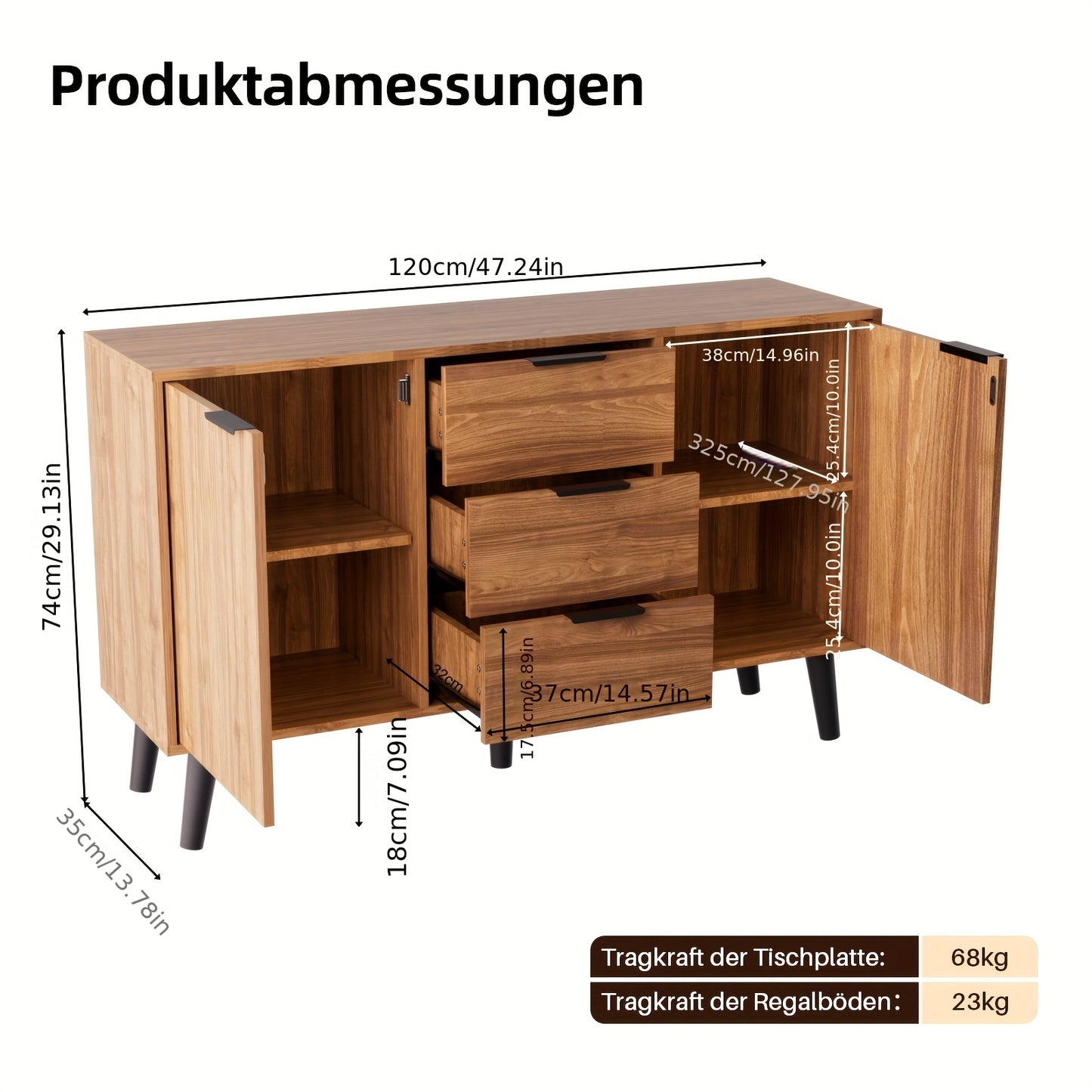 Dressoir – Opbergkast – Ladekast – Sideboard – Buffetkast – Mid-Century Modern Design – Houtcombinatie Hardhout & Spaanplaat – Ruime 3,2 Kubieke Voet Inhoud – Schuifdeuren en Laden – Vrijstaand 68,5 cm Hoog