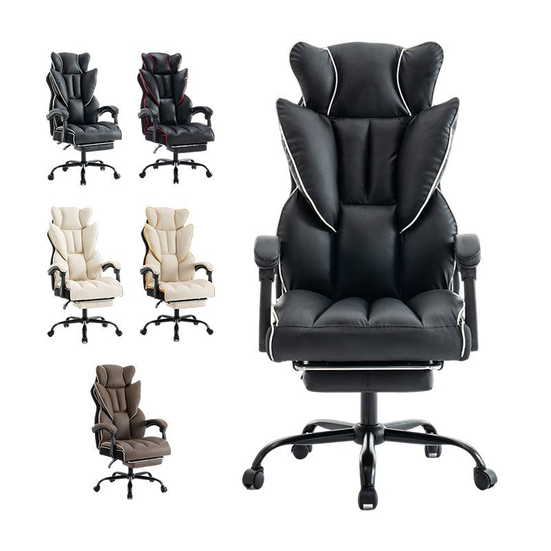 Comfortabele Bureaustoel – Bureaustoel Groot – Bureaustoel Lang – Ergonomische Bureaustoel – PU Leren Bureaustoel – Beige Wit – Stevig Roestvrij Stalen Frame – Ingebouwde Voetsteun & Lendensteun