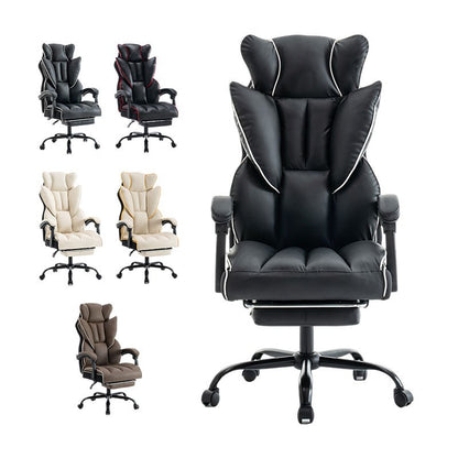 Comfortabele Bureaustoel – Bureaustoel Groot – Bureaustoel Lang – Ergonomische Bureaustoel – PU Leren Bureaustoel – Beige Wit – Stevig Roestvrij Stalen Frame – Ingebouwde Voetsteun & Lendensteun