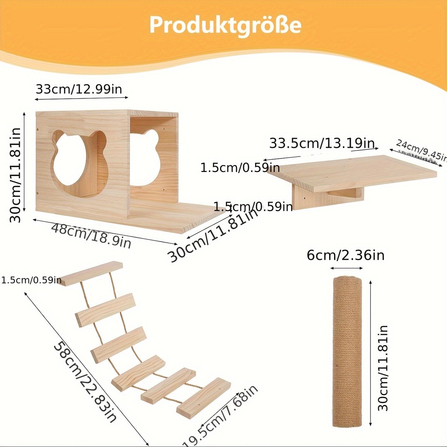 Katten Klimrek – Krabpaal – Klimpaal – Kattenhuis – Kattenplank – Wandmontage – Duurzaam Hout – Compleet 9-delig Systeem – Gele Variant