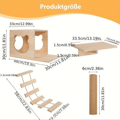 Katten Klimrek – Krabpaal – Klimpaal – Kattenhuis – Kattenplank – Wandmontage – Duurzaam Hout – Compleet 9-delig Systeem – Gele Variant