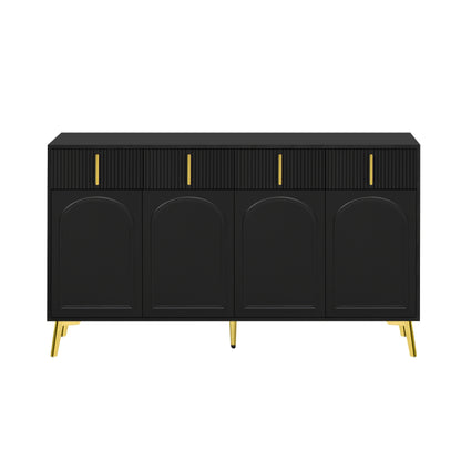 Dressoir – Opbergkast – Ladekast – Commode – TV-meubel – Mat Zwart Met Gouden Accenten – 4 Deuren En 4 Laden – Hardhout Met Afneembaar Laminaat – 140 cm Breed