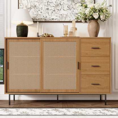 Sideboard – Dressoir – Buffetkast – Opbergkast – Kast – Modern – Houtlook Met Rattan – 140x37x91 cm – 3 Laden Met Verstelbare Planken