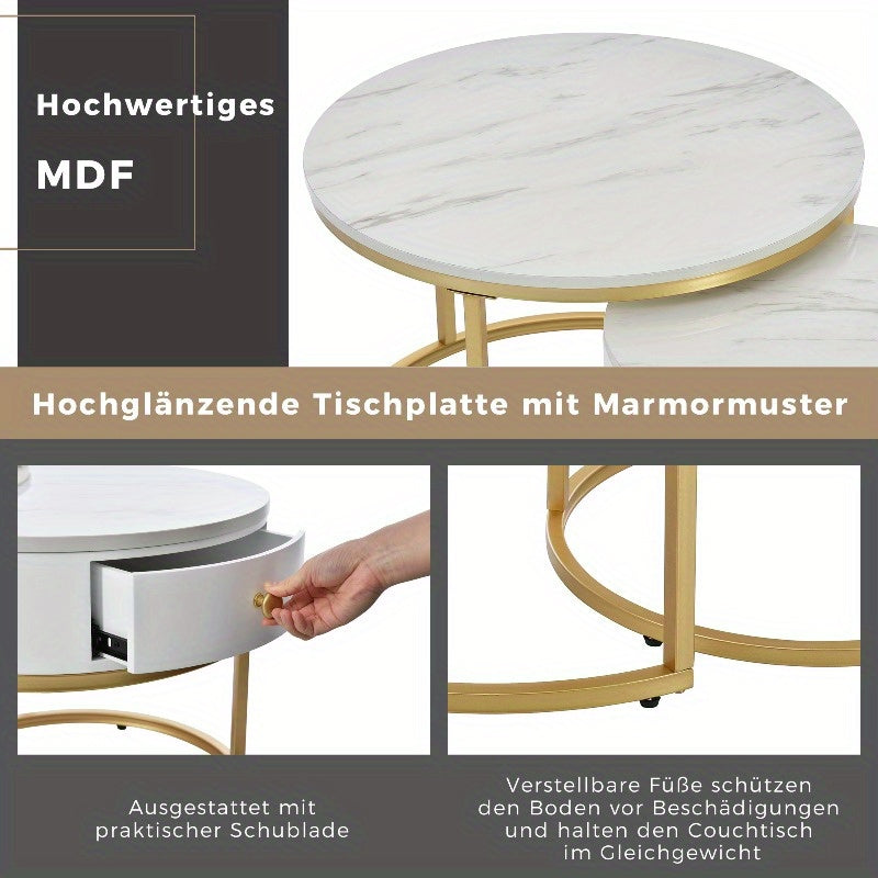 Salontafel – Bijzettafel – Koffietafel – Nestingtafel – Uittrekbare Tafel – Modern Design – Hoogglans Marmerlook – Verstelbare Hoogte – Zwart Metaal – Gouden Accenten