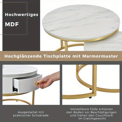 Salontafel – Bijzettafel – Koffietafel – Nestingtafel – Uittrekbare Tafel – Modern Design – Hoogglans Marmerlook – Verstelbare Hoogte – Zwart Metaal – Gouden Accenten