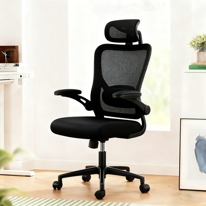 Ergonomic Office & Gaming Chair with Adjustable Lumbar Support, Breathable Mesh Backrest, Height-Adjustable Armrests (Foldable), 95°-110° Reclining Mechanism, Memory Foam Seat Cushion & Five-Wheel Base - Heavy-Duty Hardwood