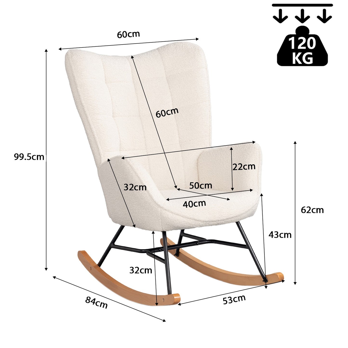 Schommelstoel – Schommelstoel Met Armleuning – Wiegstoel – Relaxstoel – Scandinavische Fauteuil – Beige – Sherpa Bekleding – Massief Beukenhout Met Metalen Frame – 84x68x99 cm