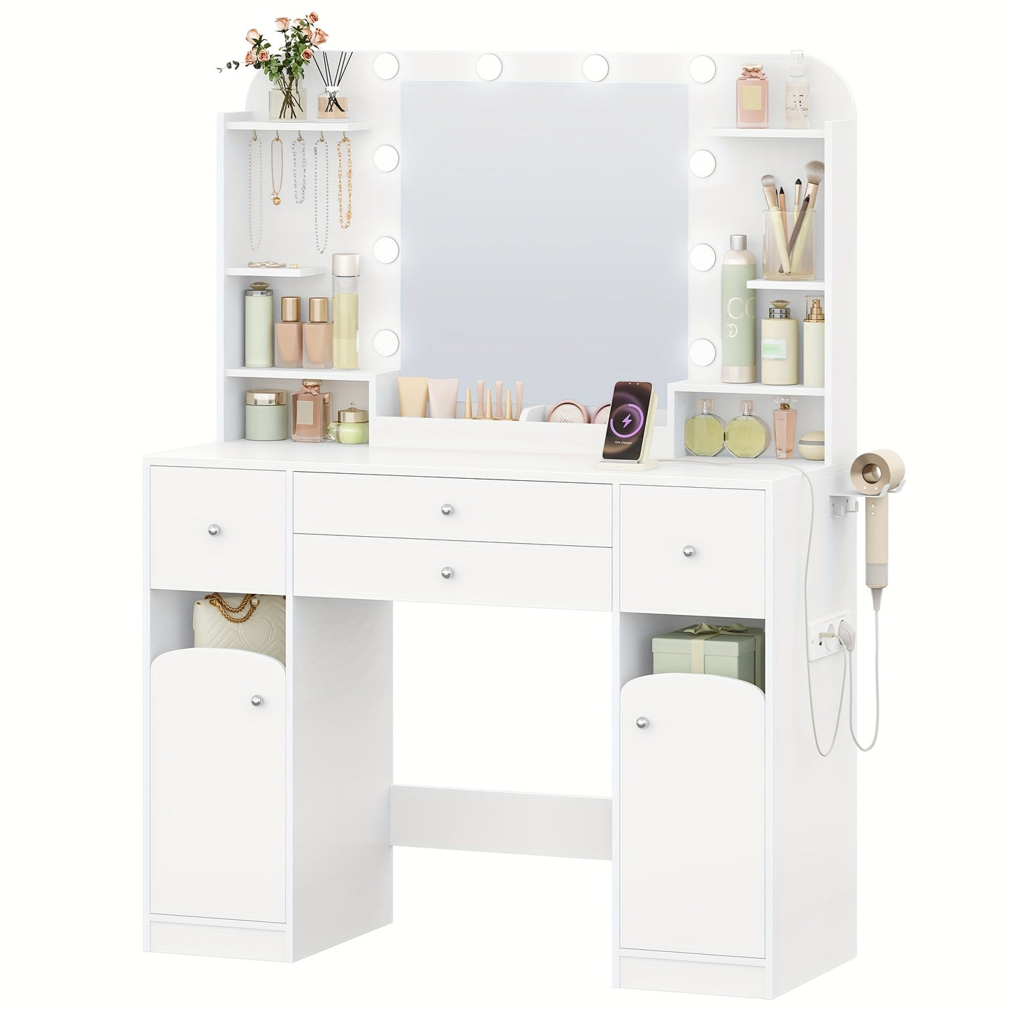 Make-uptafel – Kaptafel – Make-up Meubel – Sieradentafel – Beautytafel – LED-Verlichting – Föhnhouder Met Stopcontact