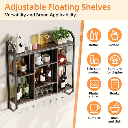 Wijnrek Wand – Wandwijnrek – Wijnrek Met Glazenhouder – Wandrek Voor Wijnflessen – Wandrek Met Verstelbare Planken – Zwart Metaal En MDF – Compact 90x90 cm – Robuust En Stabiel