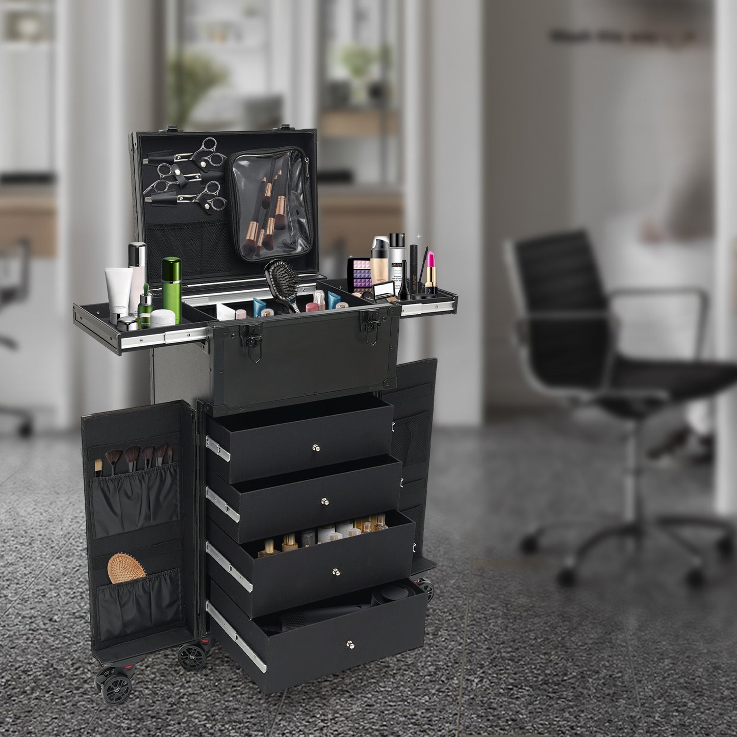 Make-up koffer – Make-up trolley – Cosmetica koffer – Beautycase – Visagiekoffer – Verstelbare hoogte – 360° draaibare wieltjes – Harde ABS buitenkant – Sleutelslot – Zwart