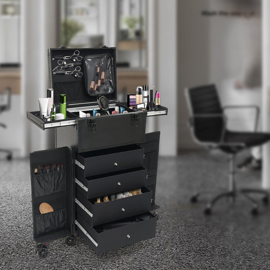 Make-up koffer – Make-up trolley – Cosmetica koffer – Beautycase – Visagiekoffer – Verstelbare hoogte – 360° draaibare wieltjes – Harde ABS buitenkant – Sleutelslot – Zwart