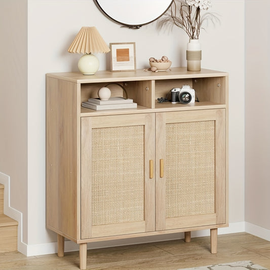 Rattan Sideboard – Buffetkast – Dressoir – Keukenkast – Opbergkast – Massief Hout & MDF – 3,2+ Kubieke Voet Opbergruimte – Freestanding 68,58 cm Hoog