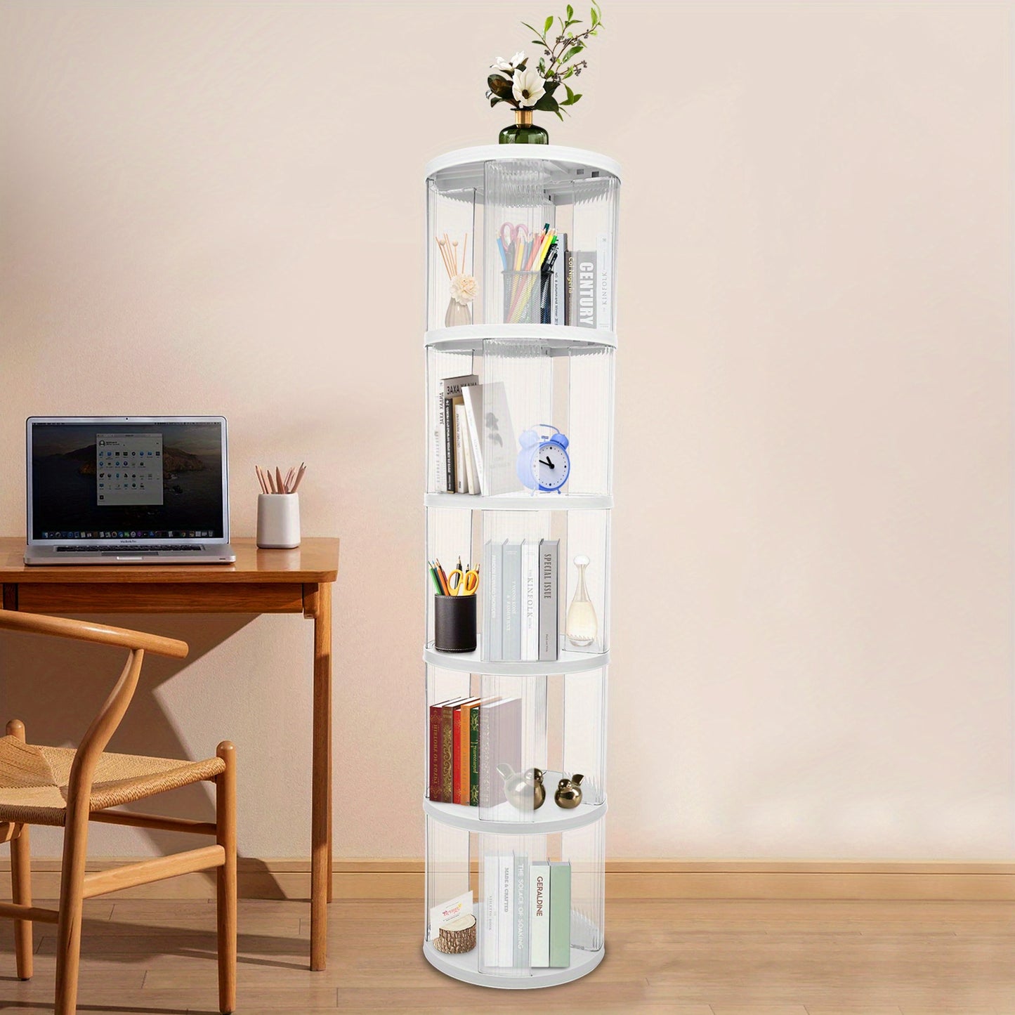 Draaibare Boekenkast – Rondebladkast – Boekenrek – Opbergkast – Draaisysteem – Modern Design – 5 Transparante Planken – Ruimtebesparend & Duurzaam ABS-PET