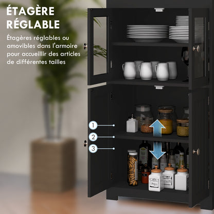 Keukenopbergkast – Keukenkast – Buffetkast – Dressoir – Sideboard – Zwart MDF Met Glazen Deuren – 60x30x162 cm – Verstelbare Plank
