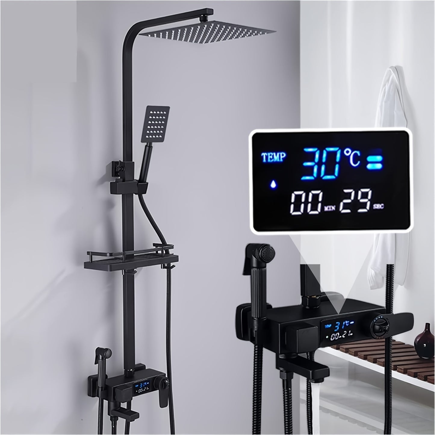 Thermostaatkraan – Thermostatische Douchekraan – Mengkraan – Douchekraan – Regendouche – Messing Materiaal – Digitale Temperatuurweergave – Matzwart