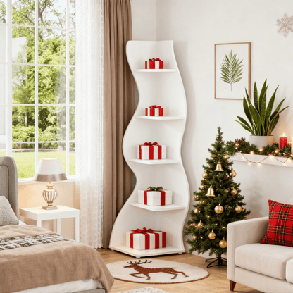 Modern White 5-Tier Corner Bookshelf & Plant Stand - Space-Saving Curved Shelf with Sturdy Hardwood Construction, Freestanding or Wall-Mounted Design, Easy Assembly, 68.58cm+ Height, Minimalist Accent Piece for Living Room, f