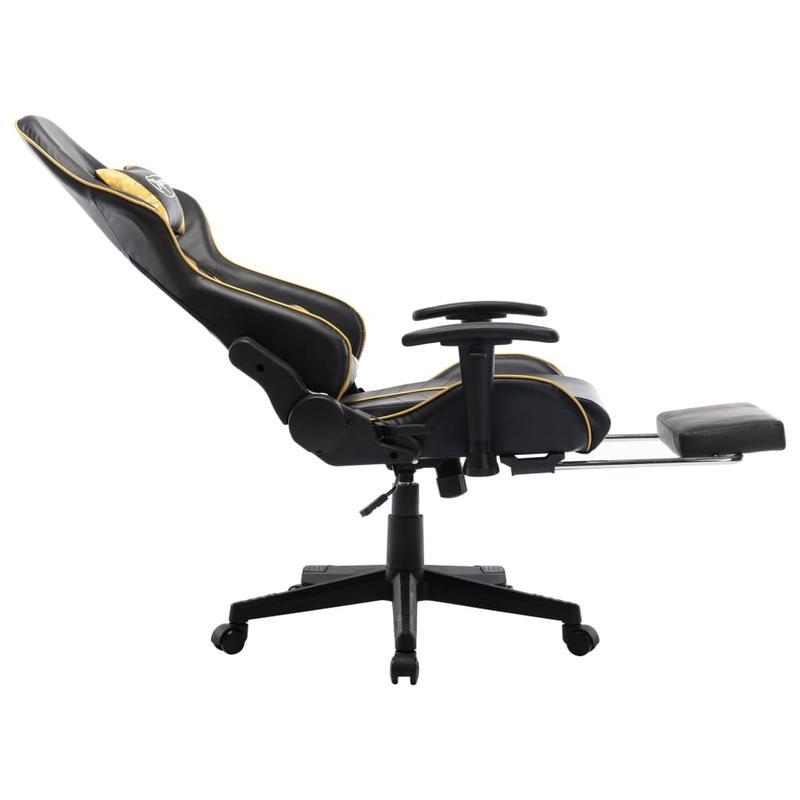 Gaming chair with footrest, black faux leather and gold-colored gaming PC