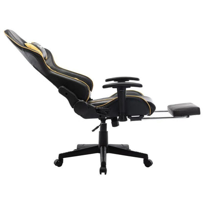 Gaming chair with footrest, black faux leather and gold-colored gaming PC