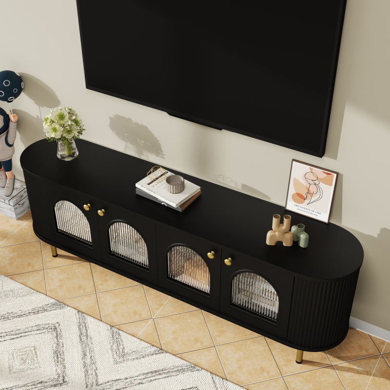 Tv-meubel – Lowboard – TV-kast – Media meubel – TV-dressoir – Zwart MDF met glazen deuren – Gouden handgrepen en poten – Ruime opbergruimte – Afgeronde hoeken