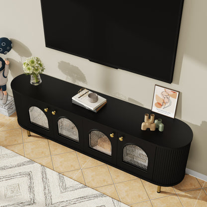 Tv-meubel – Lowboard – TV-kast – Media meubel – TV-dressoir – Zwart MDF met glazen deuren – Gouden handgrepen en poten – Ruime opbergruimte – Afgeronde hoeken