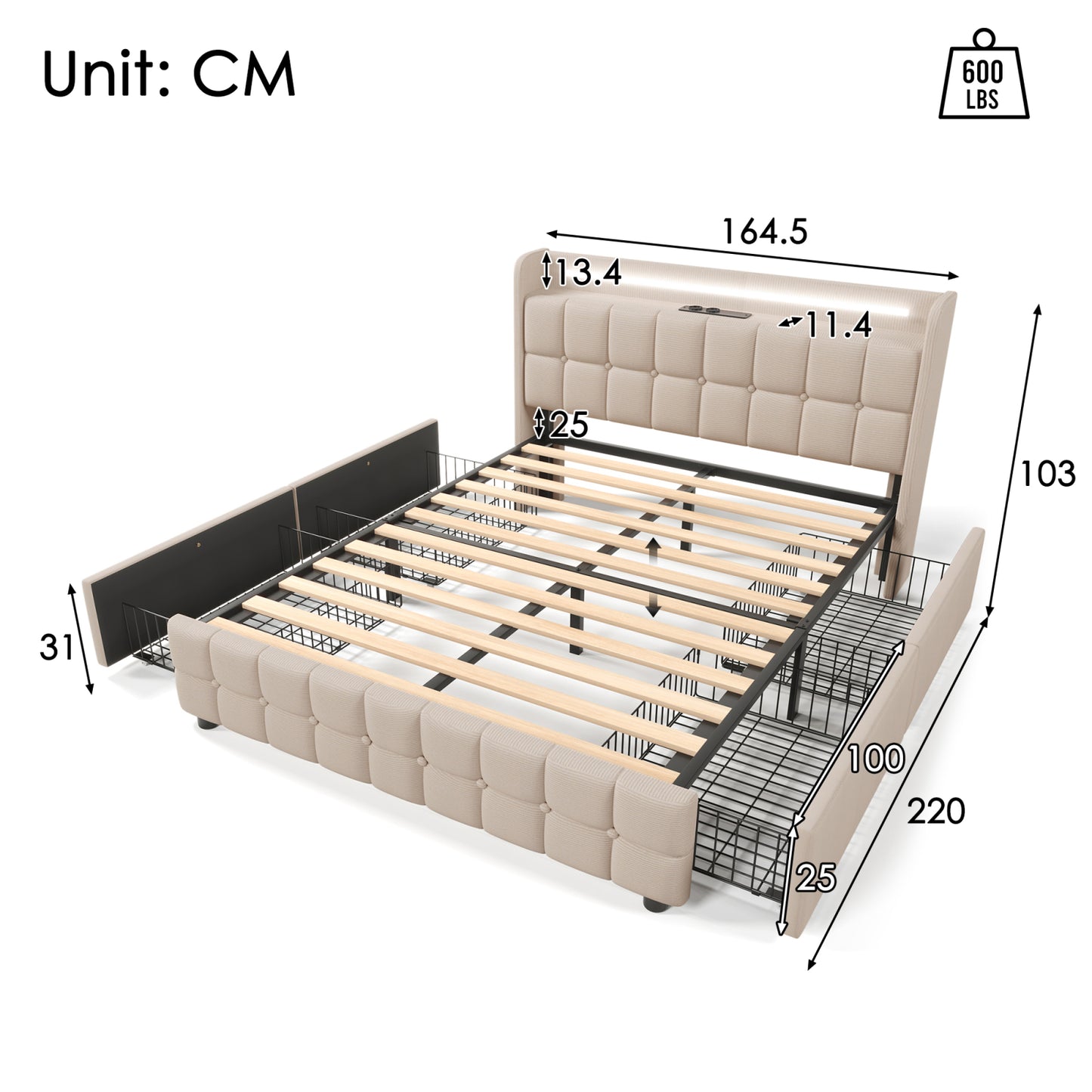 Bedkast 160x200 – Gestoffeerd Bed – Tweepersoonsbed – Opbergbed – Boxspringbed – Linnen Bekleding – 4 Ruime Lades – Lattenbodem