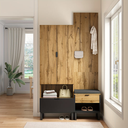 Kledingkast – Houten Kast – Vrijstaande Opbergkast – Schoenenkast – Garderobekast – Compact Design – Massief Hout Met Schoenenbank En Kussens