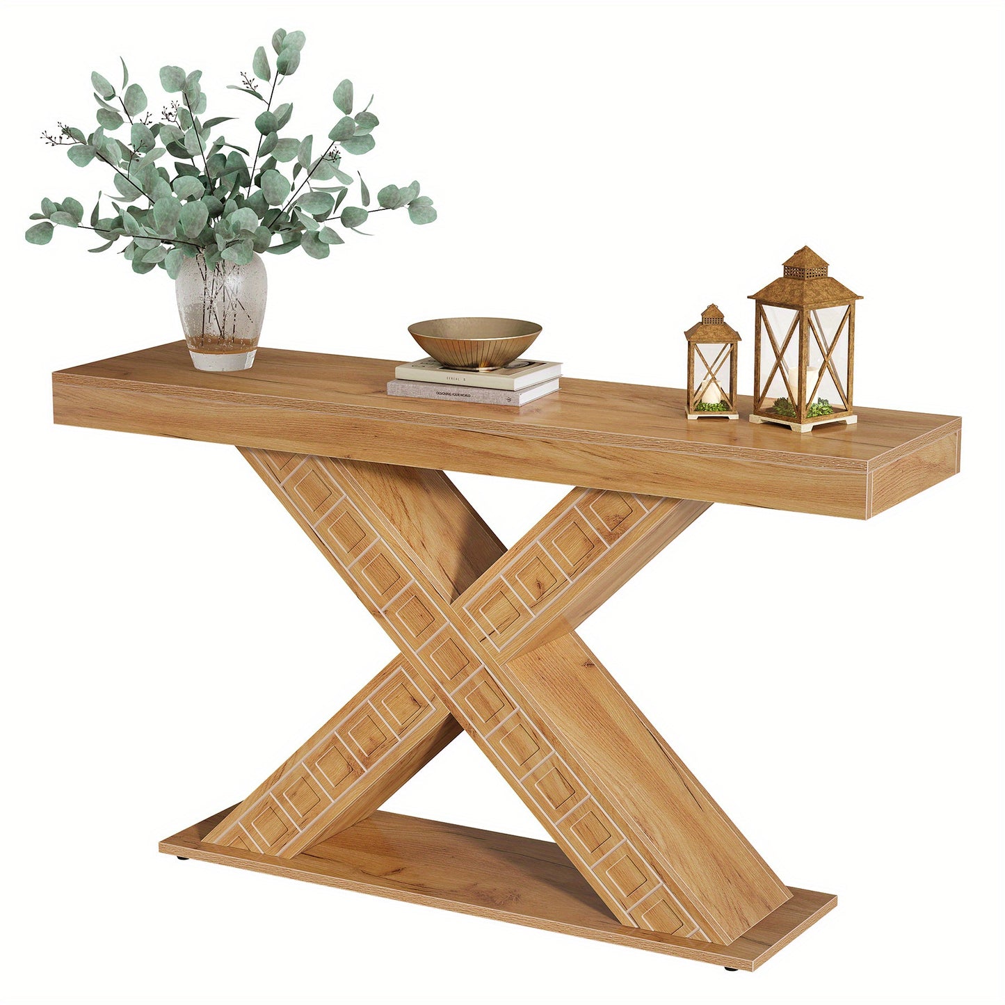 55 Inch Sidetable – Console Tafel – Halmeubel – Foyertafel – Smalle Tafel – X-Vormige Houten Basis – Robuust 2,95 Inch Dikte – 200 Kg Draagkracht