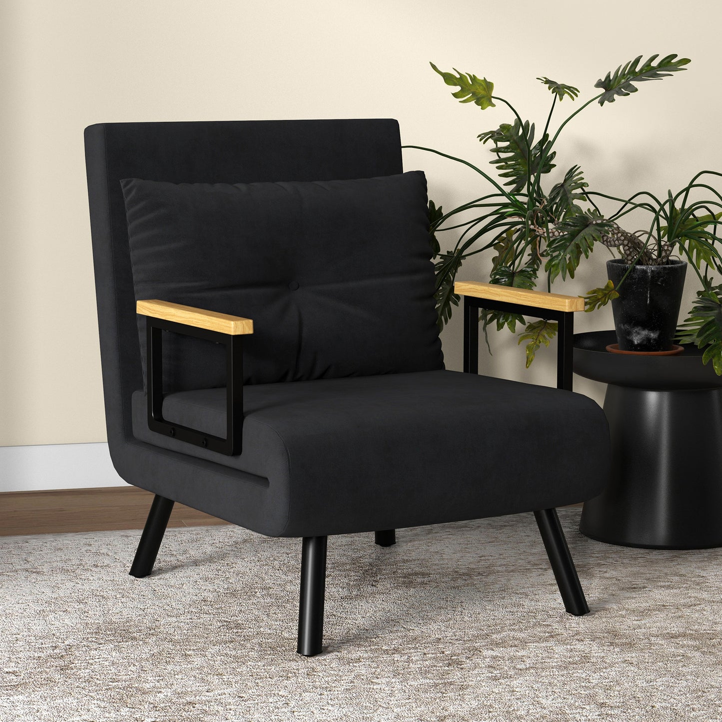 Stoelbed – Slaapstoel – Fauteuil – Slaapfauteuil – Ligstoel – 4-in-1 Multifunctioneel – Verstelbare Rugleuning 5-Posities – Fluweelachtige Stof – Stevig Metalen Frame – Zwart