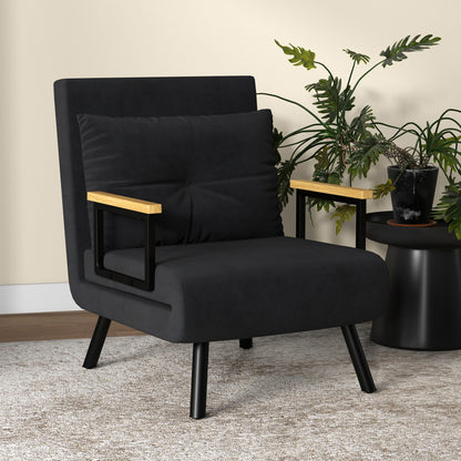 Stoelbed – Slaapstoel – Fauteuil – Slaapfauteuil – Ligstoel – 4-in-1 Multifunctioneel – Verstelbare Rugleuning 5-Posities – Fluweelachtige Stof – Stevig Metalen Frame – Zwart