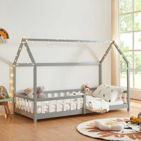 Kinderbed – Kinderbedden – Eenpersoonsbed – Hoogslaper – Stapelbed – Grijs – 90x200 cm – Massief Dennehout – Valbeveiliging