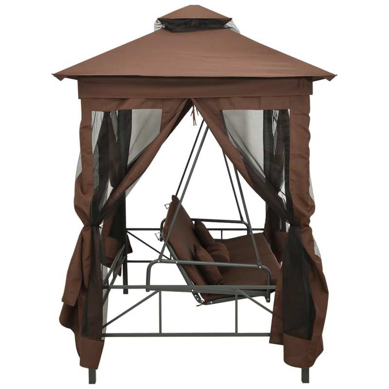 Schommelbank – Tuinschommel – Hollywoodschommel – Tuinbank – Schommelstoel – Verstelbare Luifel – Weerbestendig Stalen Frame – Inclusief 4 Comfortkussens – 220x160x240 cm – Koffiebruin