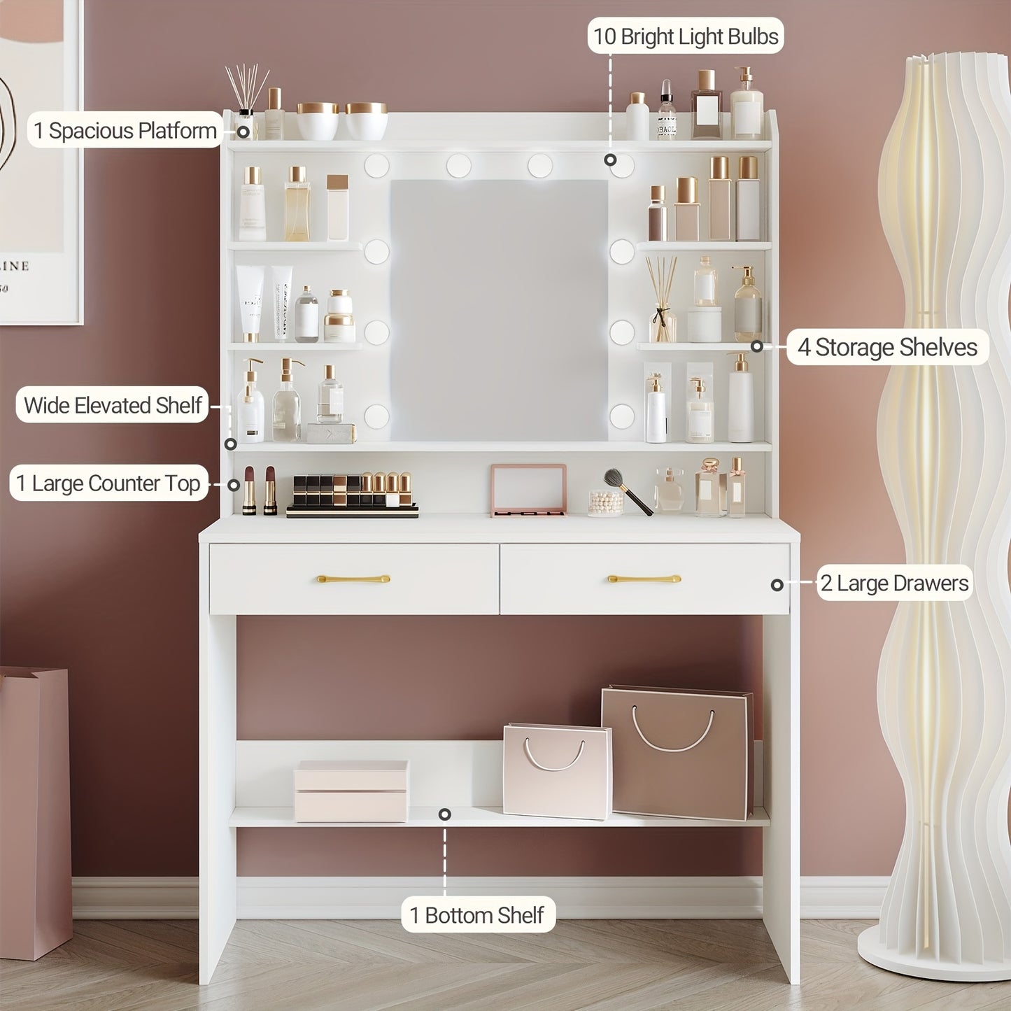 Kaptafel – Make-up Tafel – Cosmeticatafel – Sieradentafel – Opbergtafel – Verstelbare LED Spiegelverlichting – 2 Ruime Lades – Wit – Duurzaam Houtmateriaal