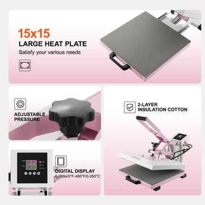 Warmtepers – Textielpers – Transferpers – T-shirt Pers – Printpers – Veilig Uitschuifbaar Ladeontwerp – Digitale Temperatuurregeling 15x15 Inch