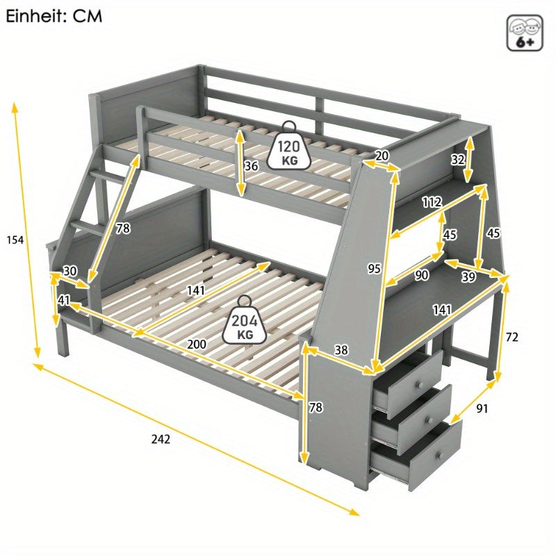Stapelbed – Etagebed – Hoogslaper – Kinderbed – Slaapbank – Modern Grijs – Met Bureau en Opbergruimte – Veiligheidsreling – Ruimtebesparend Ontwerp