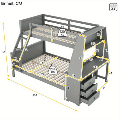 Stapelbed – Etagebed – Hoogslaper – Kinderbed – Slaapbank – Modern Grijs – Met Bureau en Opbergruimte – Veiligheidsreling – Ruimtebesparend Ontwerp
