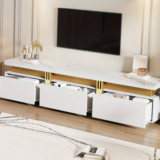 Modern TV-meubel – TV-meubel – Tv-kast – TV-standaard – Mediameubel – Marmerlook Design – Kabelmanagement – Geschikt voor 90 inch TV – 3 Ruime Lades – Duurzaam Niet-Houten Materiaal – Wit