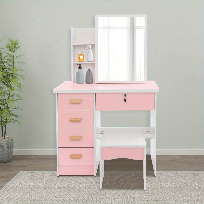 kaptafel – make-up tafel – cosmetische tafel – dressing table – toilettafel – modern roze-witte kaptafel – 5 lades & opbergruimte – stevig MDF fiberboard design