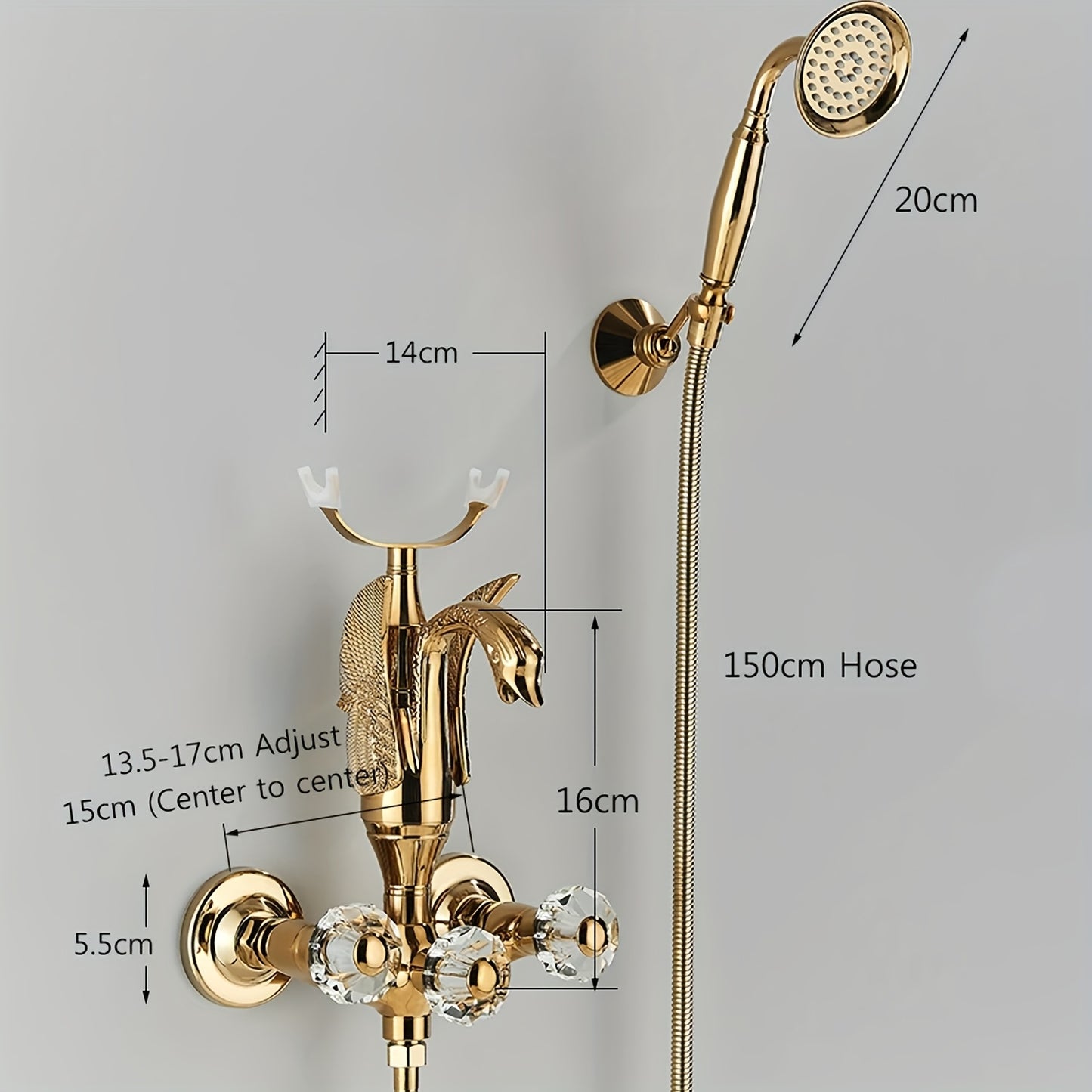 Gouden Badkraanset – Badkamerkraan – Mengkraan – Wandkraan – Douchekraan – Luxe Zwanen Design – Messing Met Kristallen Handvat – Inclusief Handdouche