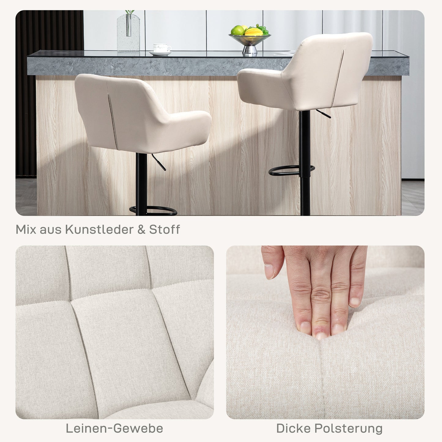 Barkrukken – Barstoelen – Krukken – Zitstoelen – Set van 2 – Verstelbare Zithoogte – Kunstleer Linnenlook Crème Zwart