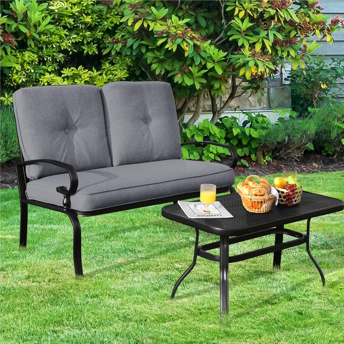 Tuinbank – Buitenbank – Balkonbank – Zitbank – Tuin Zitgroep – Comfortabel Met Kussens – Duurzaam Metalen Frame – Inclusief Koffietafel 120x76 cm