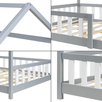 Kinderbed – Kinderbedden – Eenpersoonsbed – Hoogslaper – Stapelbed – Grijs – 90x200 cm – Massief Dennehout – Valbeveiliging