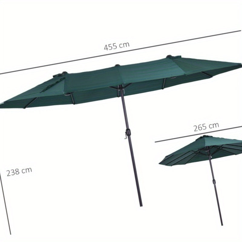 Large Patio Umbrella with Cross Base, 460x270 cm, 2.7m Diameter, Dark Green Polyester Canopy, ABS Frame, Hand Crank, Heavy Duty for Garden, Balcony, Outdoor Use, High Stability, Wind Resistant.