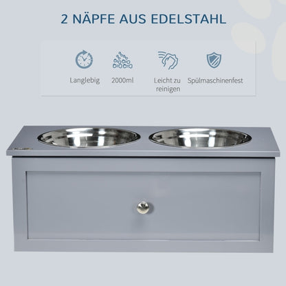 Hondenvoerbak – Voerstation – Voerbakken – Drinkbak – Voerkom – Verhoogde Voerstandaard – 2 Roestvrijstalen Kommen 2L – Met Opberglade Grijs 60x30x24 cm