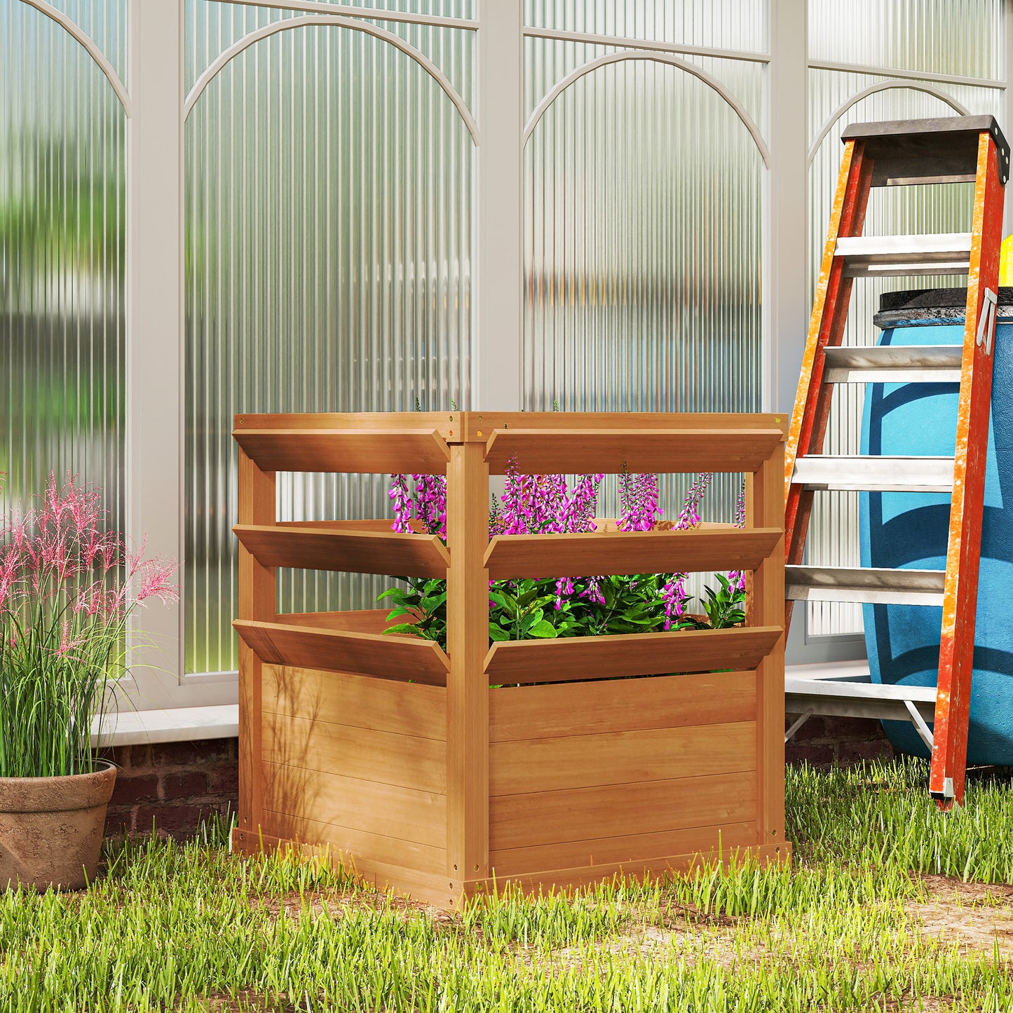 Raised Garden Bed with Trellis, Wooden Planter Box with Climbing Frame, 65 x 65 x 60 cm, Caramel Brown